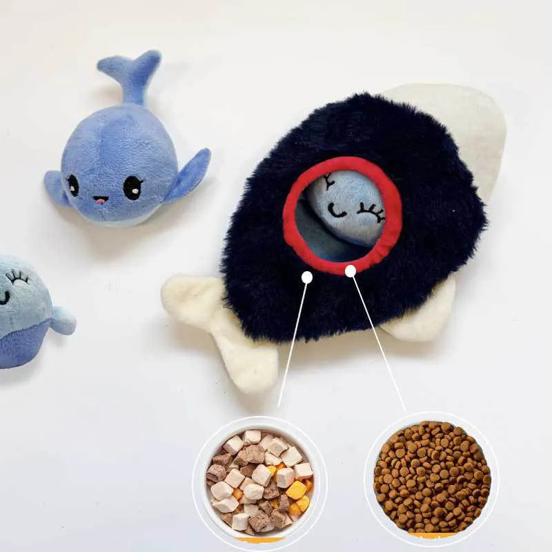 Blue plush dog toy with sound feature and hidden food pocket for treats, chewable boredom relief tool.