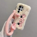 Pink plush furry piggy phone case with bracket for Samsung S25, soft fleece cloth Japanese Korean style