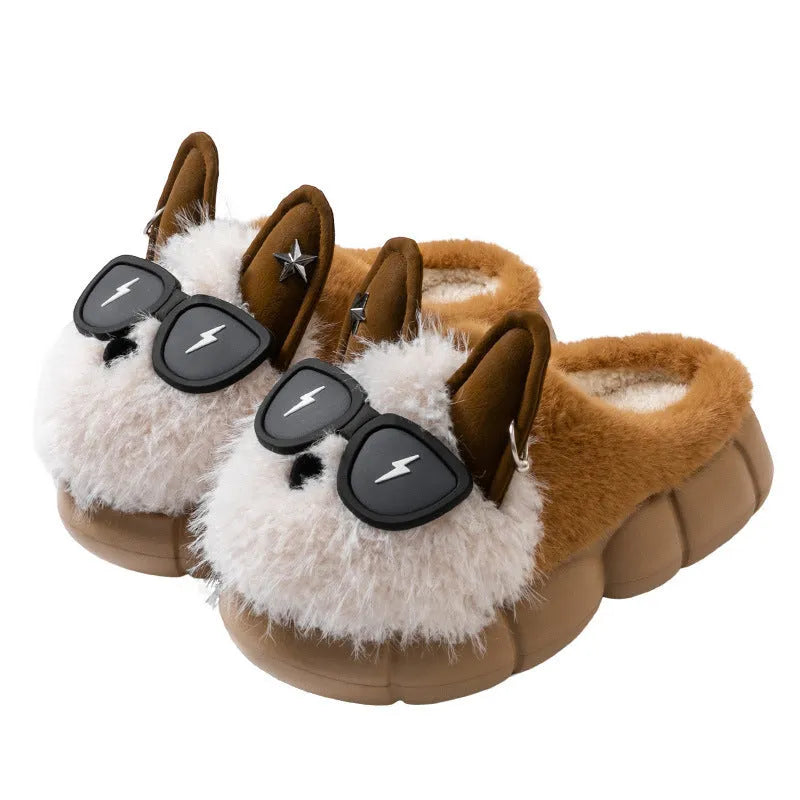 Thick-soled non-slip cotton slippers with plush upper and puppy design in black, white or coffee