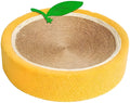 Yellow round sisal cat scratching board with fruity design, serving as both a scratching surface and a cat bed.