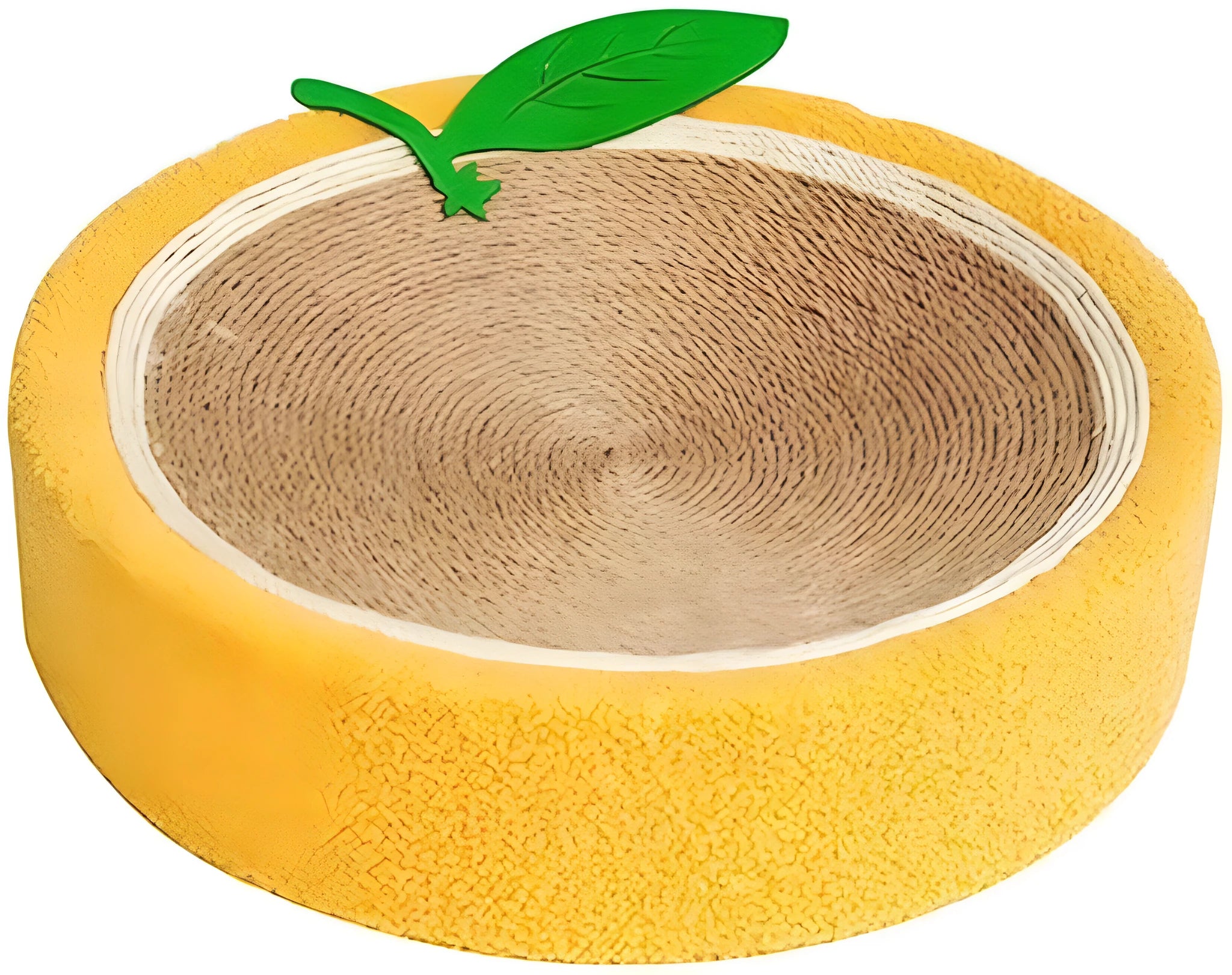 Yellow round sisal cat scratching board with fruity design, serving as both a scratching surface and a cat bed.