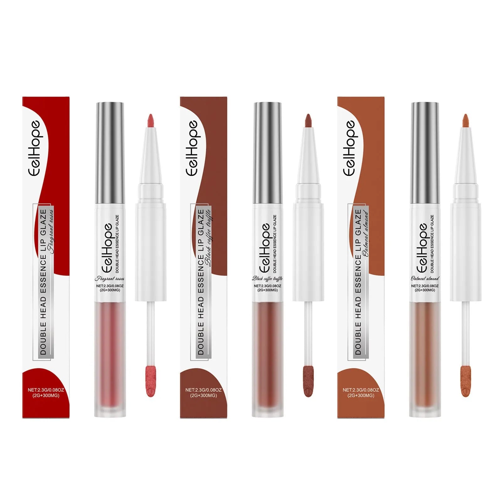 Double-headed lip liner and lip lacquer pen showing two applicators with shade options Black Coffee Truffle, Fragrant Attack, Oat Almond.