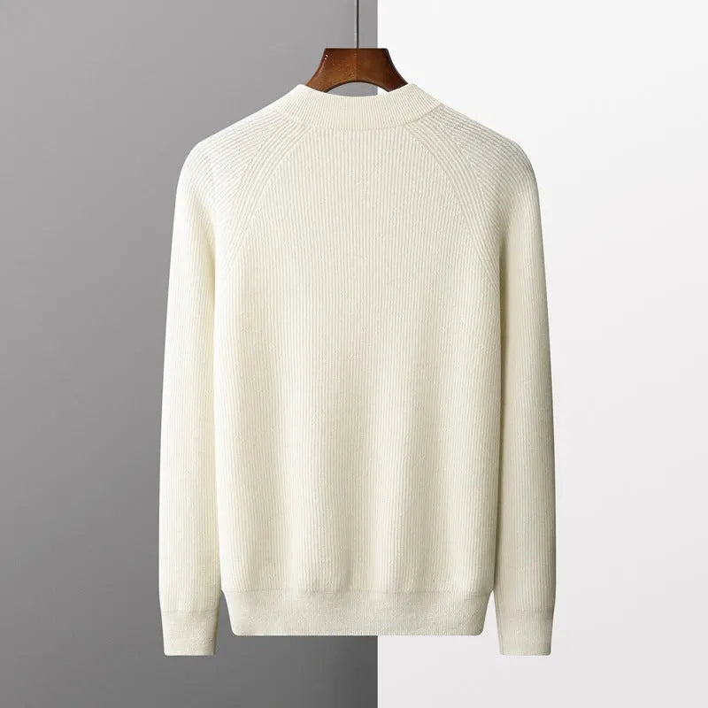 Half-height cardigan collar knitted loose oversized wool sweater pullover in dark blue front view