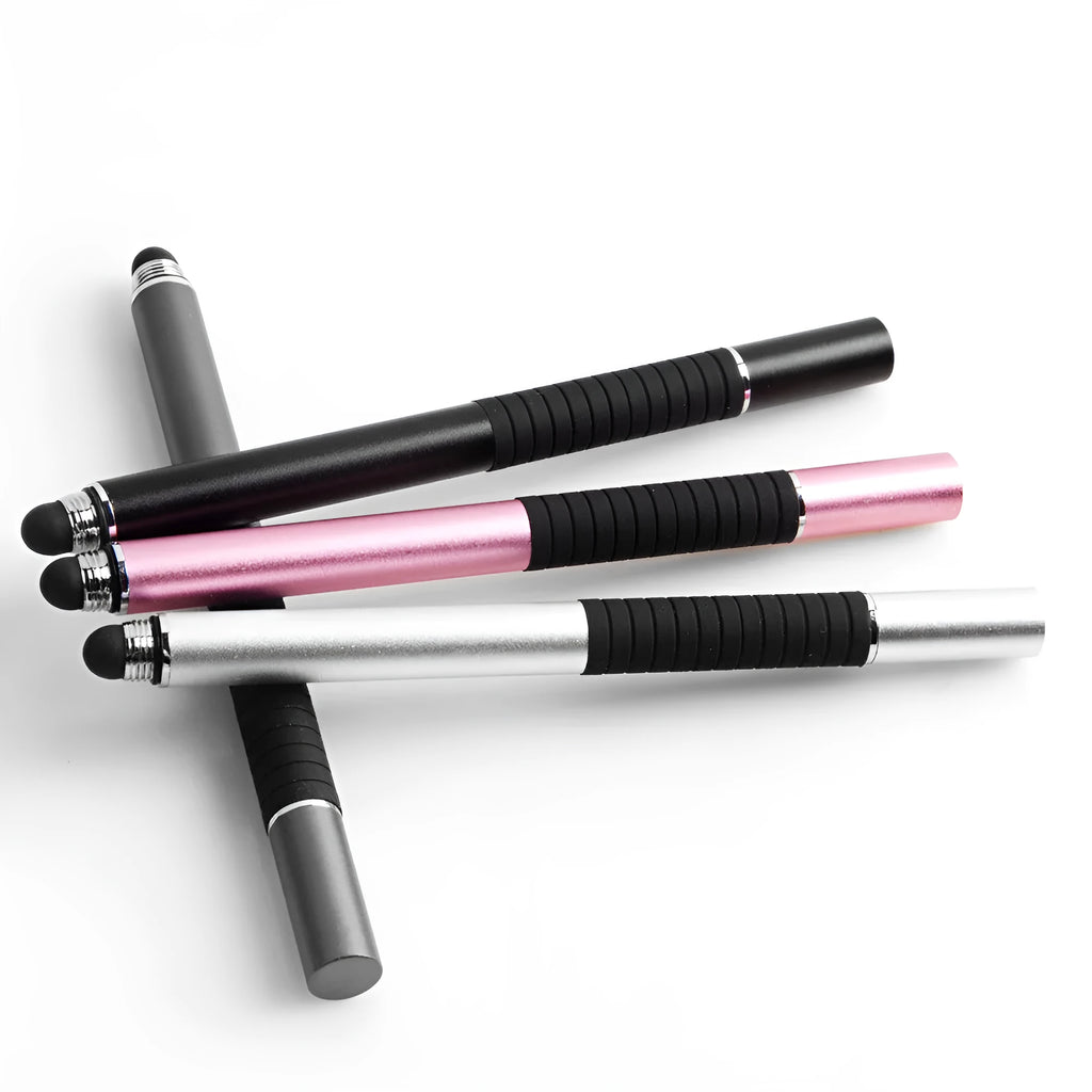 Metal capacitive stylus pen with two-in-one cloth and round tip in silver on a tablet screen