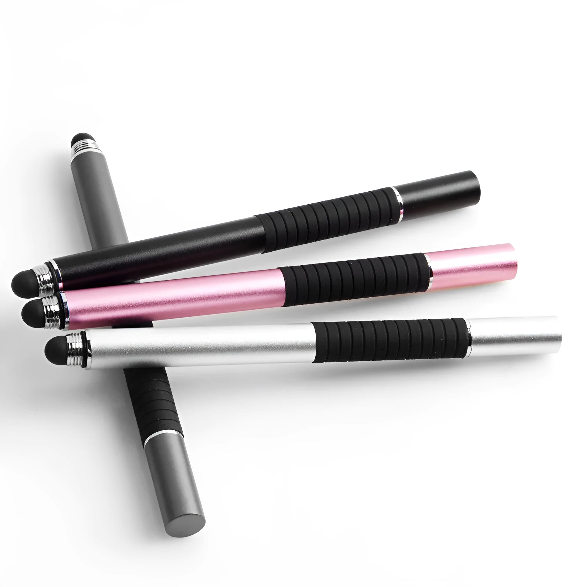 Metal capacitive stylus pen with two-in-one cloth and round tip in silver on a tablet screen