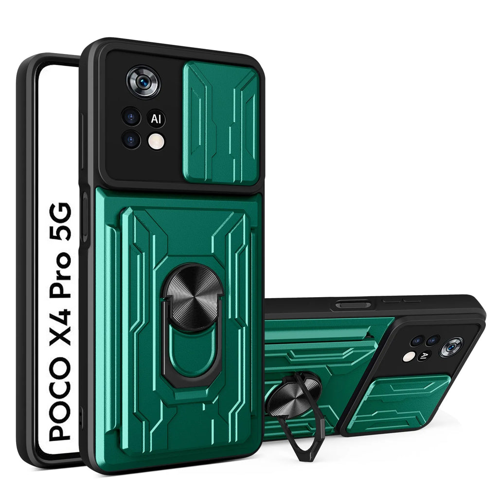Multi-function card phone case with TPU and PC layers for Xiaomi Redmi POCO, solid colour, black