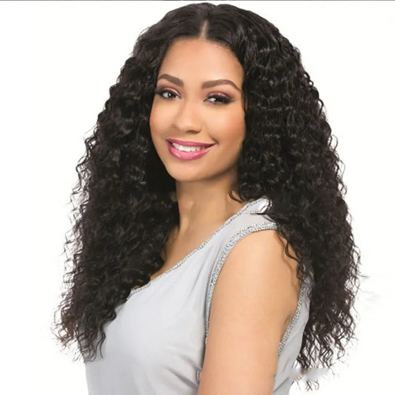 Black curly wig for women 65cm long on a mannequin head showing adjustable cap and free hair net