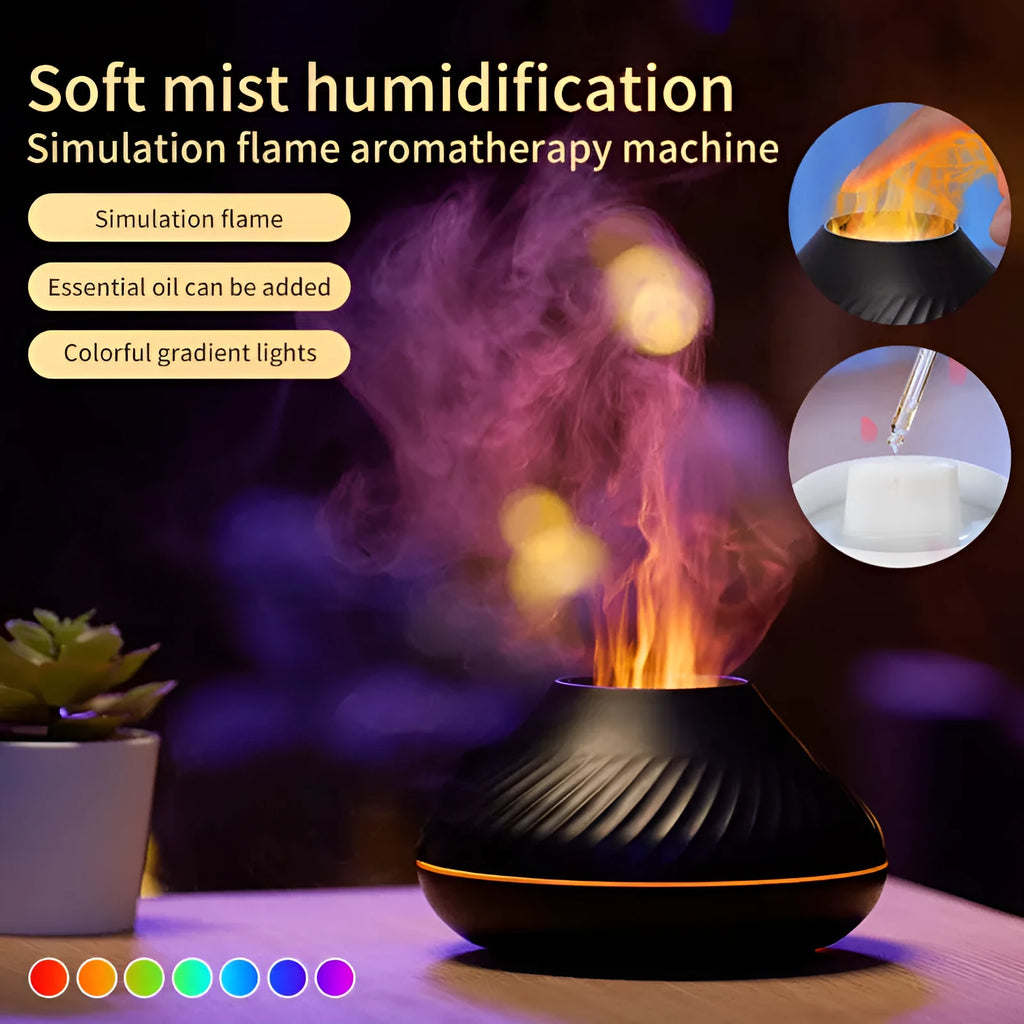 Beige USB aroma diffuser essential oil lamp with flame effect lighting on wooden surface