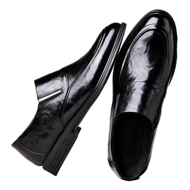 Business formal slip-on shoes with pointed toe, PU upper, rubber sole, and decorative metal and embossed details