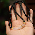 Natural frosted black agate and white chalcedony necklace with 925 silver Chinese-style pendant on ball bead chain
