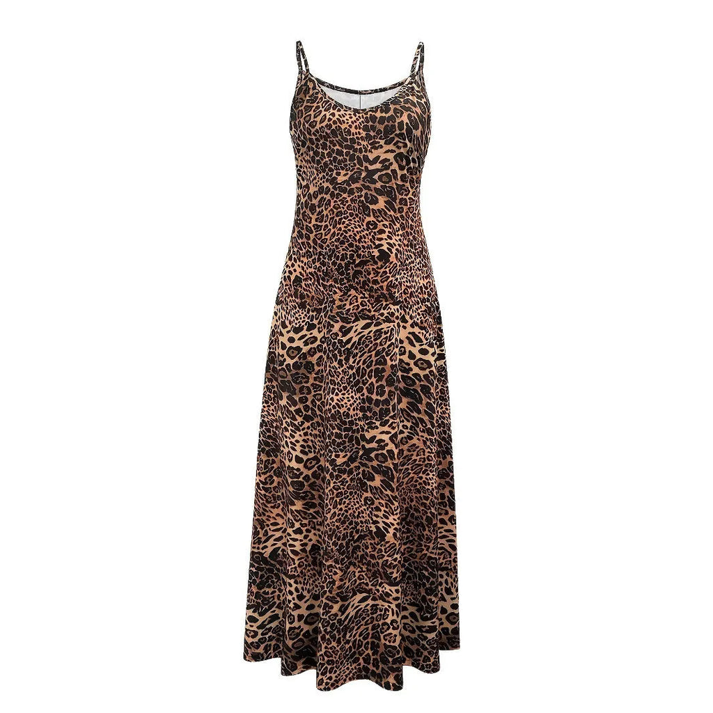 Dark brown leopard print sleeveless dress with round neck and loose-fitting long skirt.