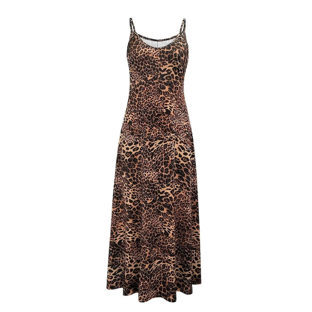 Dark brown leopard print sleeveless dress with round neck and loose-fitting long skirt.