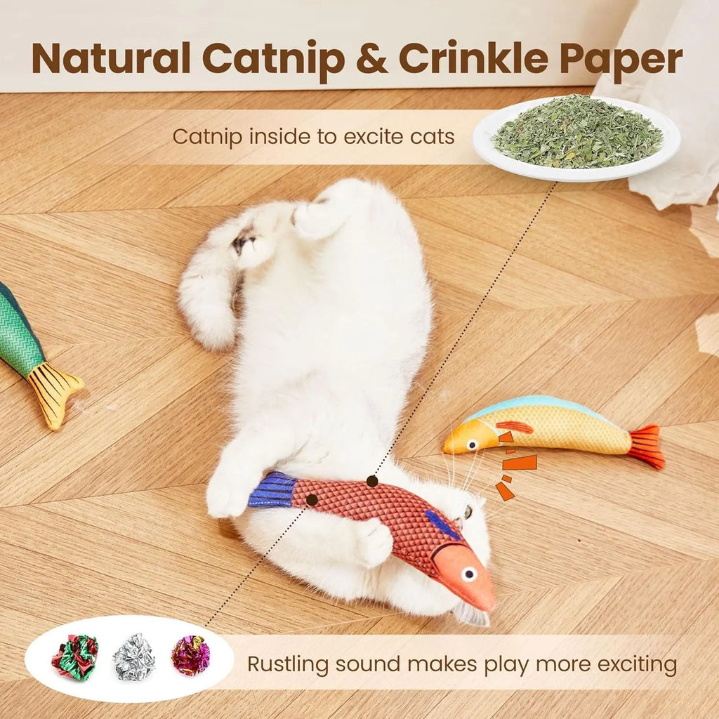 Green, orange and yellow plush catnip fish toys with crinkle sound for indoor cat exercise