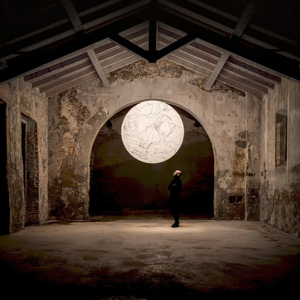 Moon pendant light D50 in minimalist style for double-height restaurant or hotel lobby, low voltage ≤36V