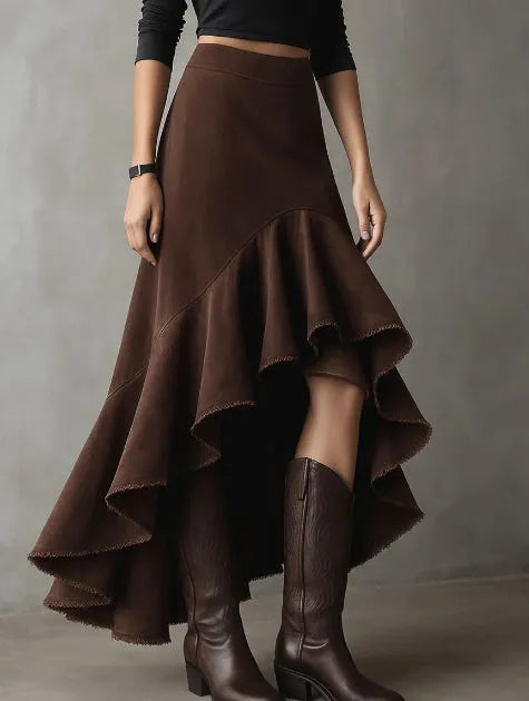 Western Brown polyester maxi skirt with high-low hemline and ruffle detailing