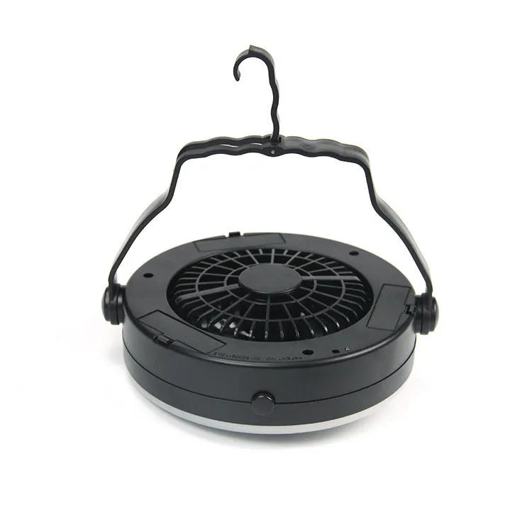 Black multi-function waterproof camping fan light with LED lamp and fan blades, compact 20x20x6.3cm portable design