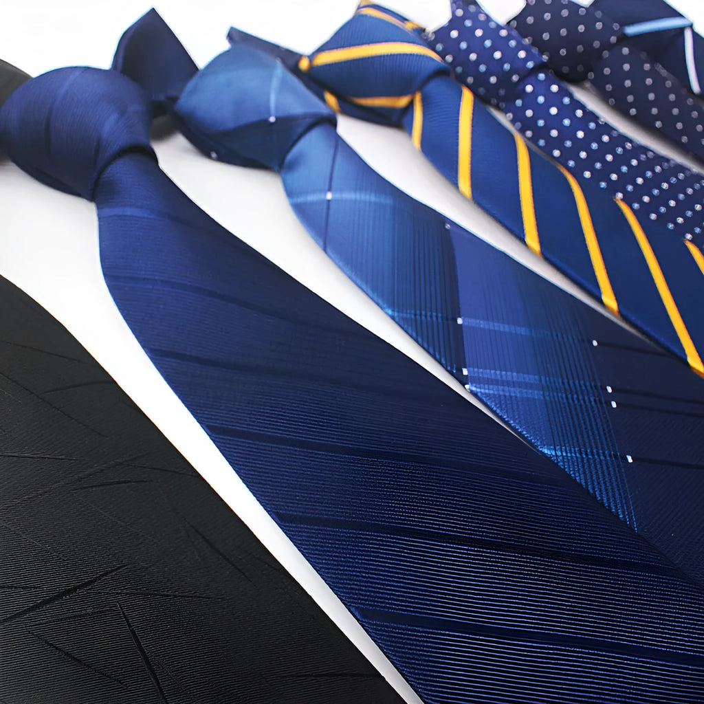 Men's red, black, and blue striped polyester tie with jacquard texture, shown with an 8cm width.