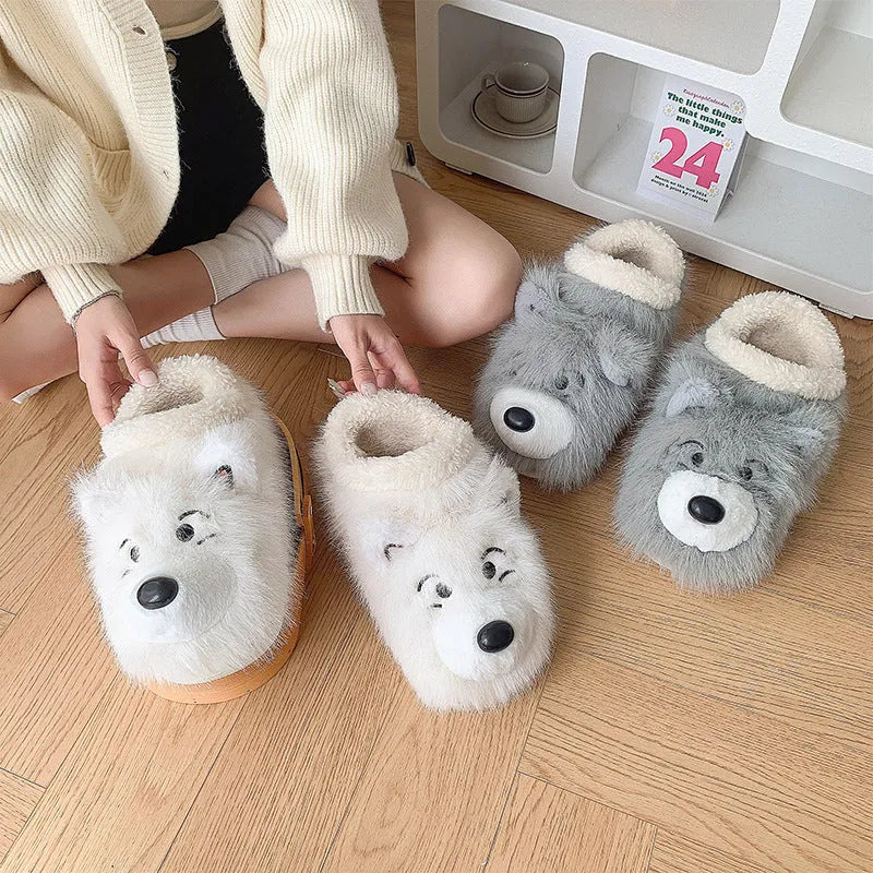 Grey ankle wrap cotton slippers with plush upper and non-slip soles for indoor home use