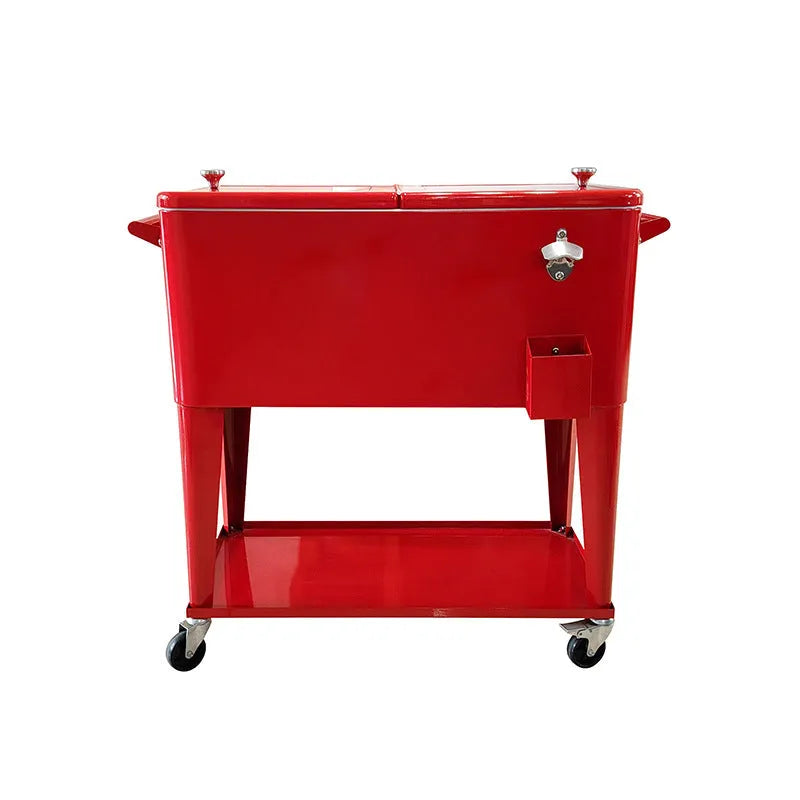 Red outdoor metal insulated trolley with 750 capacity for picnic and ice pack transport