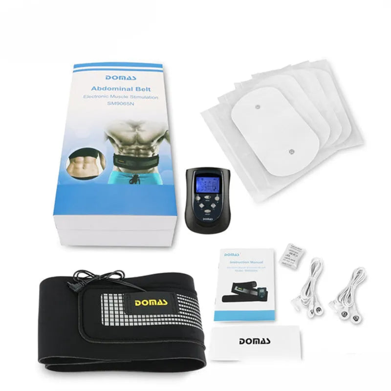 Black battery-powered electronic massager with mechanical controls for abdomen and back treatment