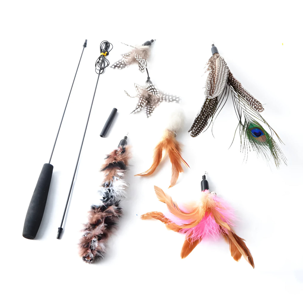 Cat feather teaser pole toy extended to 85cm with five replacement feather heads