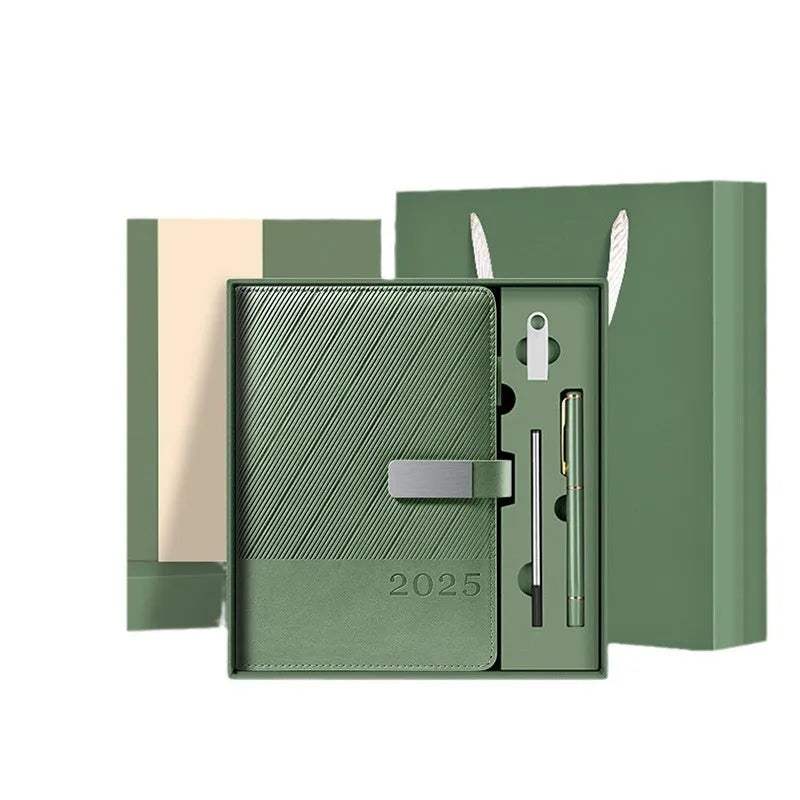 A5 striped PU leather notepad open on a desk showing thickened paper, available in eight colours.