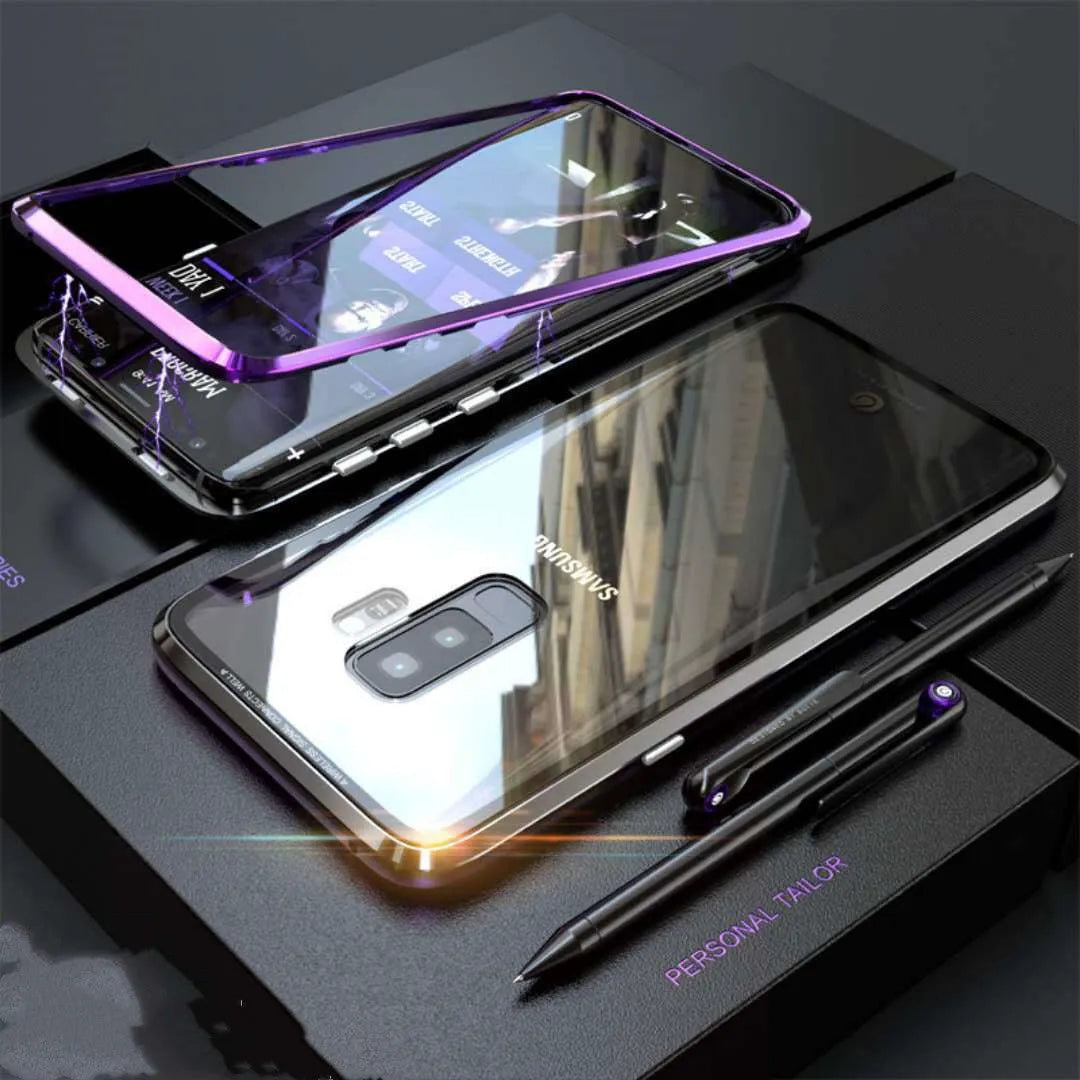 Samsung smartphone in a black clamshell magnetic case with anti-peeping screen, shown open and closed.