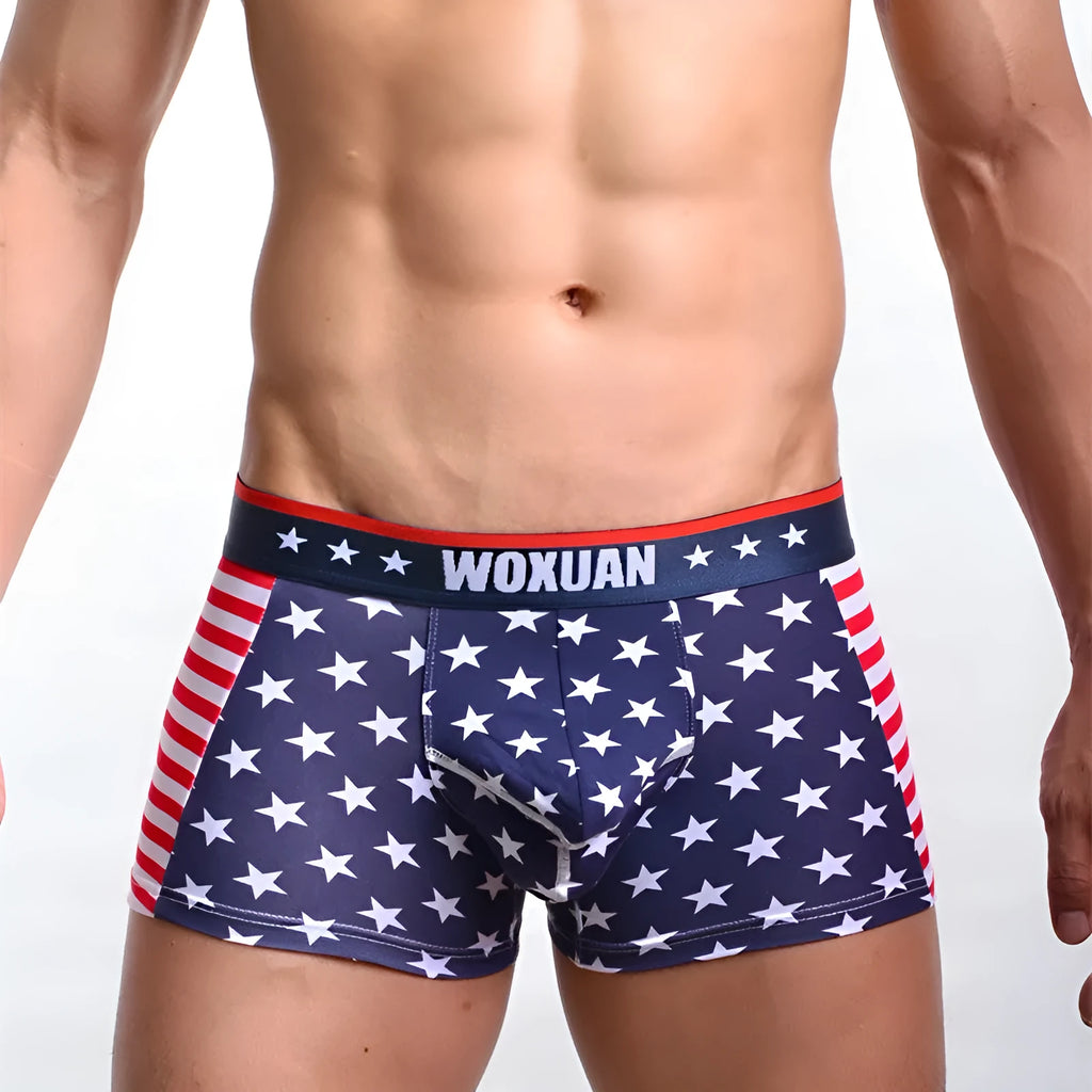 American flag printed ribbed boxers in red made from cotton and spandex, shown flat