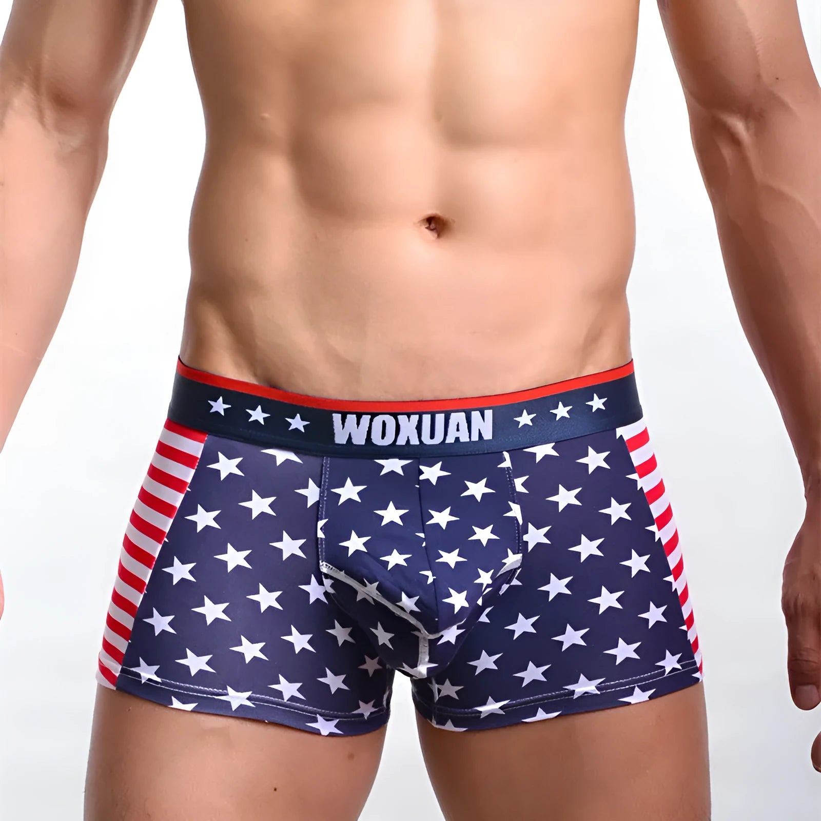 American flag printed ribbed boxers in red made from cotton and spandex, shown flat