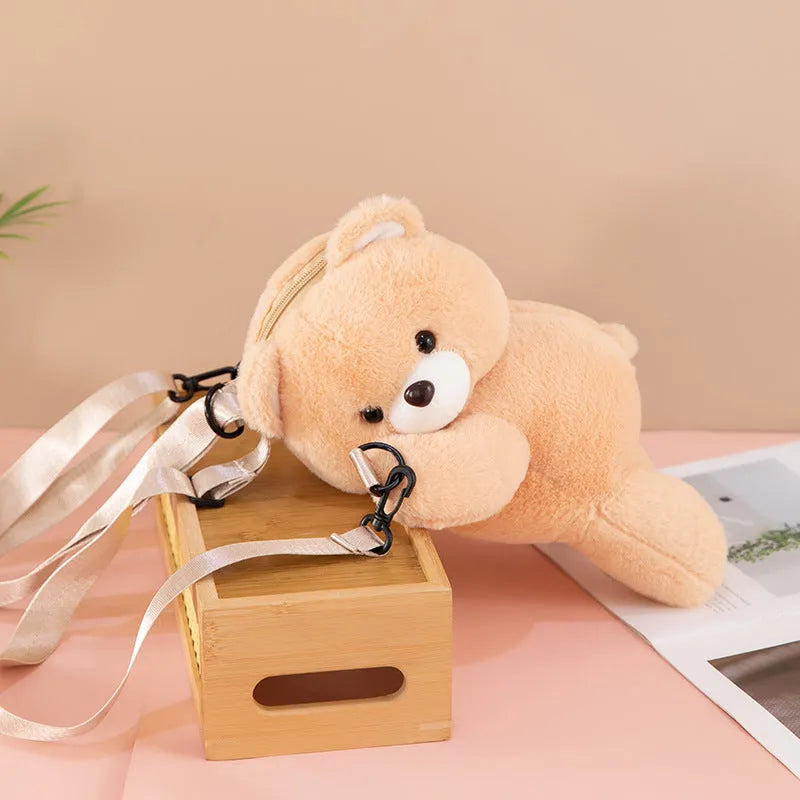Cartoon bear lying bag plush doll crossbody bag in creamy-white free size with airpillow straps