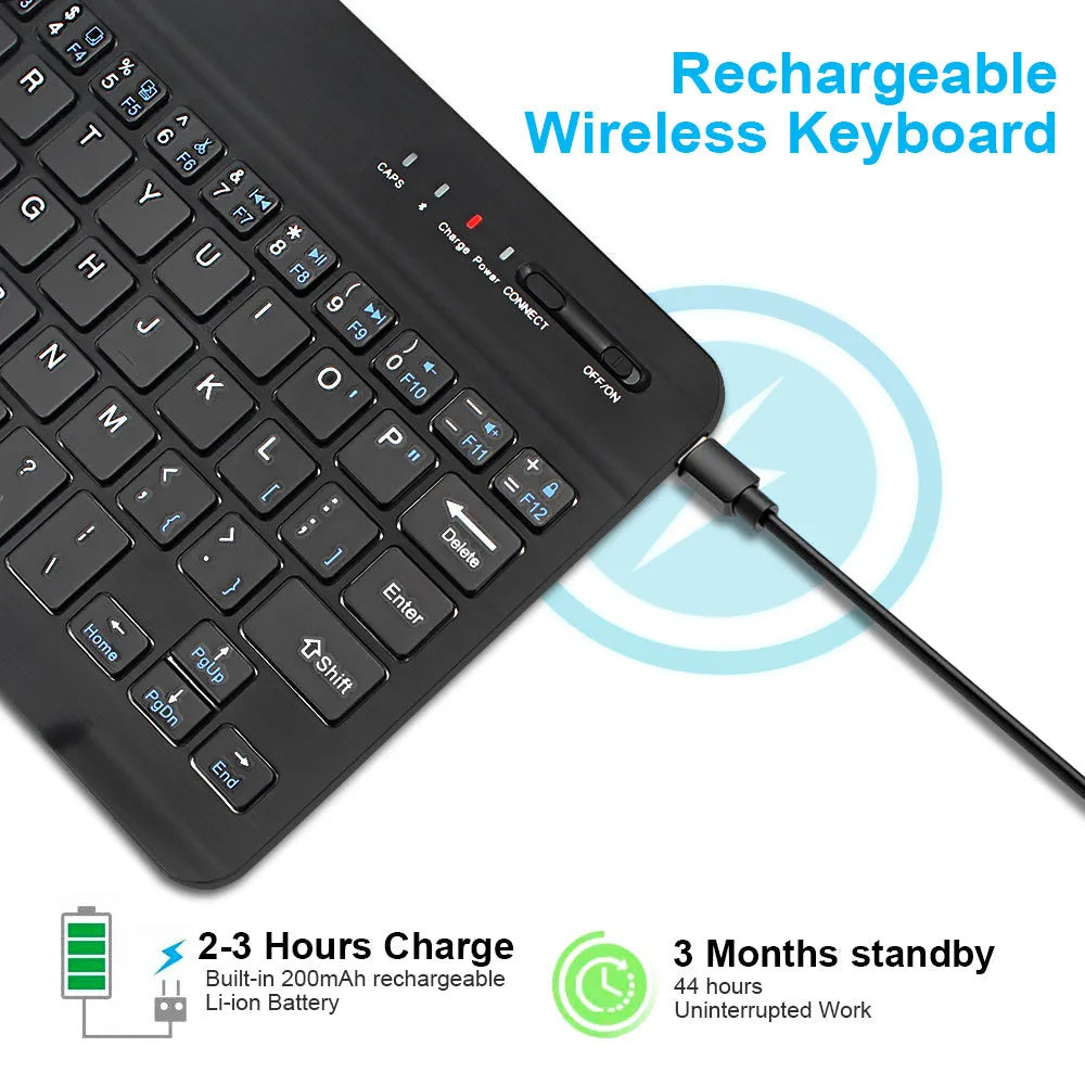 Mini Bluetooth wireless keyboard in black or white colour with 10-metre range and 44-hour battery life