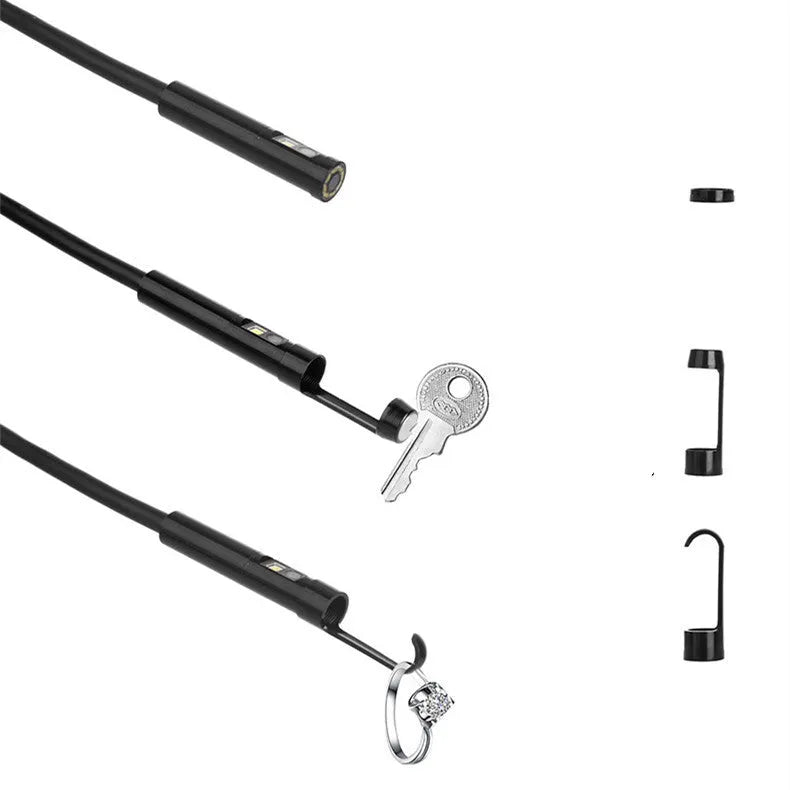 F300 wireless endoscope with dual 5.5mm and 8mm camera probes, magnet, and hook accessories on a dark background