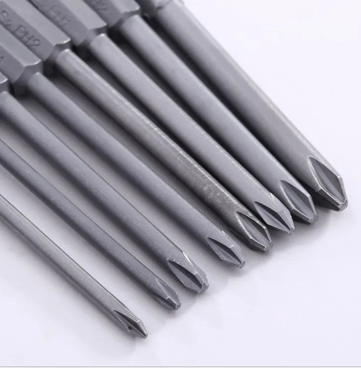 Eight magnetic long Phillips head screwdriver bits with hex shanks on a grey background.