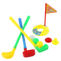 Children's golf set with three clubs, three balls, hole, flag, and tees on grass