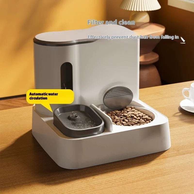 Grey automatic cat feeder with integrated water dispenser and stainless steel bowl