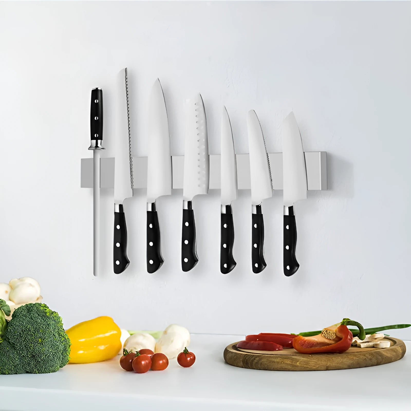 Stainless steel wall-mounted magnetic knife storage rack in various lengths on a kitchen wall.