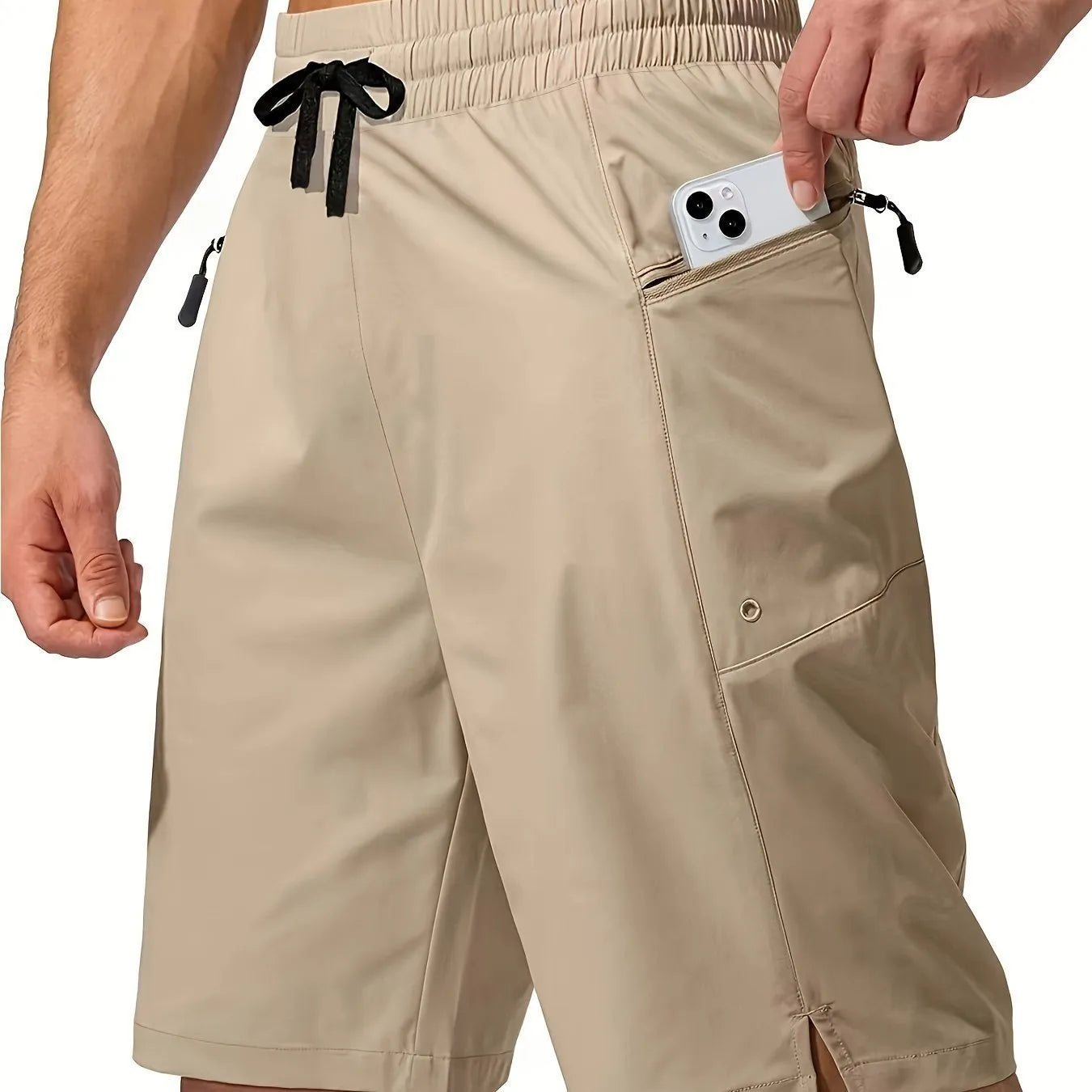 Men's solid colour quick-drying beach shorts in polyester with straight-leg fit