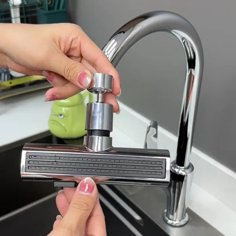 Kitchen faucet nozzle extension with rotating waterfall outlet in black or silver finish