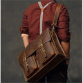 Cowhide leather crossbody computer bag in dark brown with business styling and anti-theft features