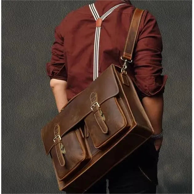 Cowhide leather crossbody computer bag in dark brown with business styling and anti-theft features
