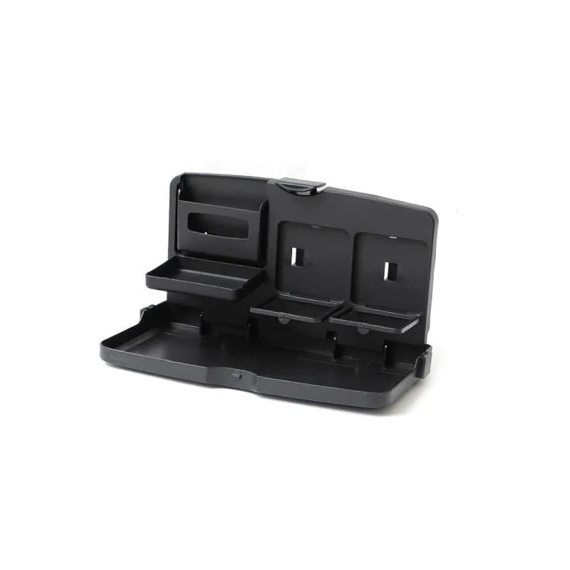 Foldable black car laptop table with built-in cup holder mounted on steering wheel