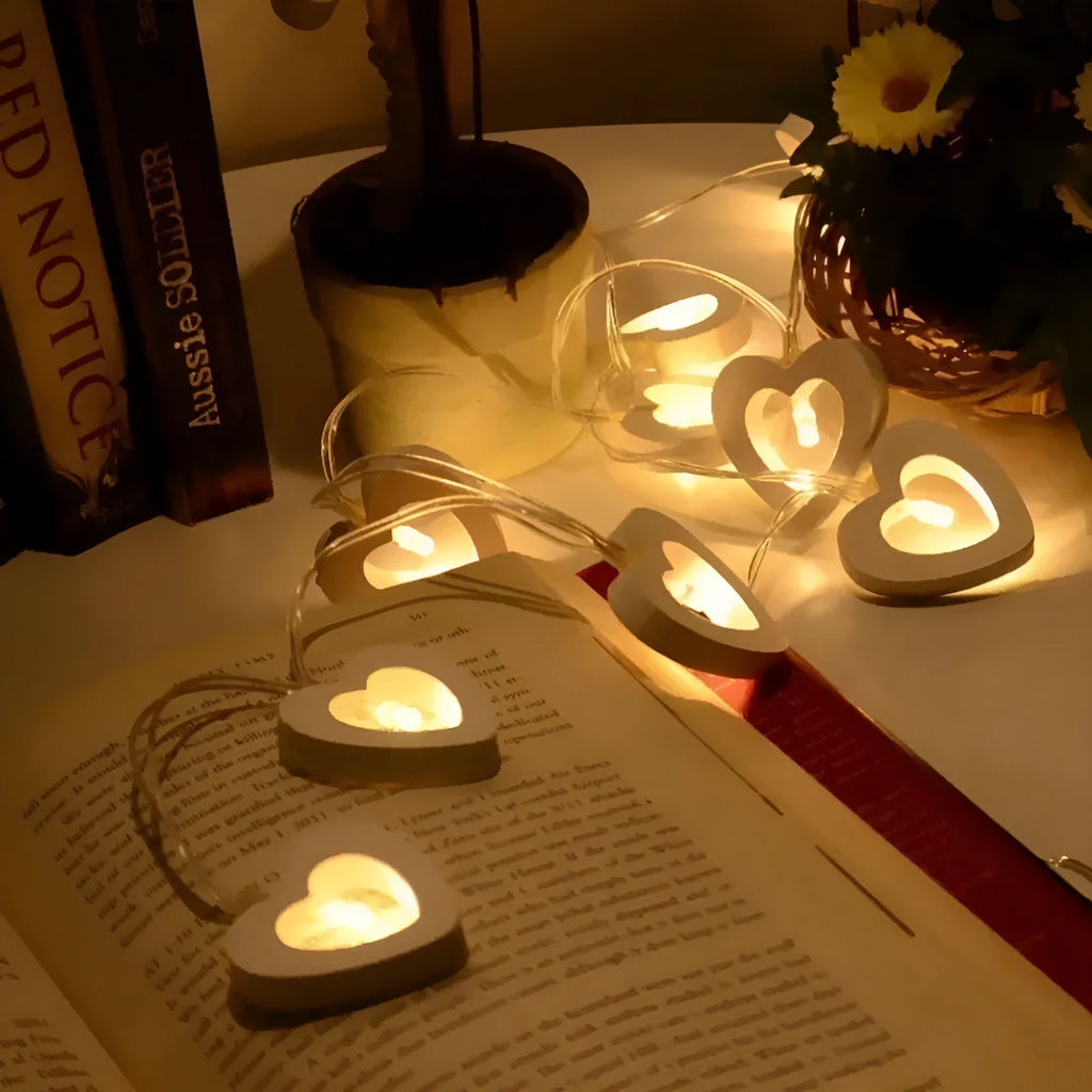 Wooden love lantern string with warm white LED lights hung on a fence, 1.5m length, battery box and USB control