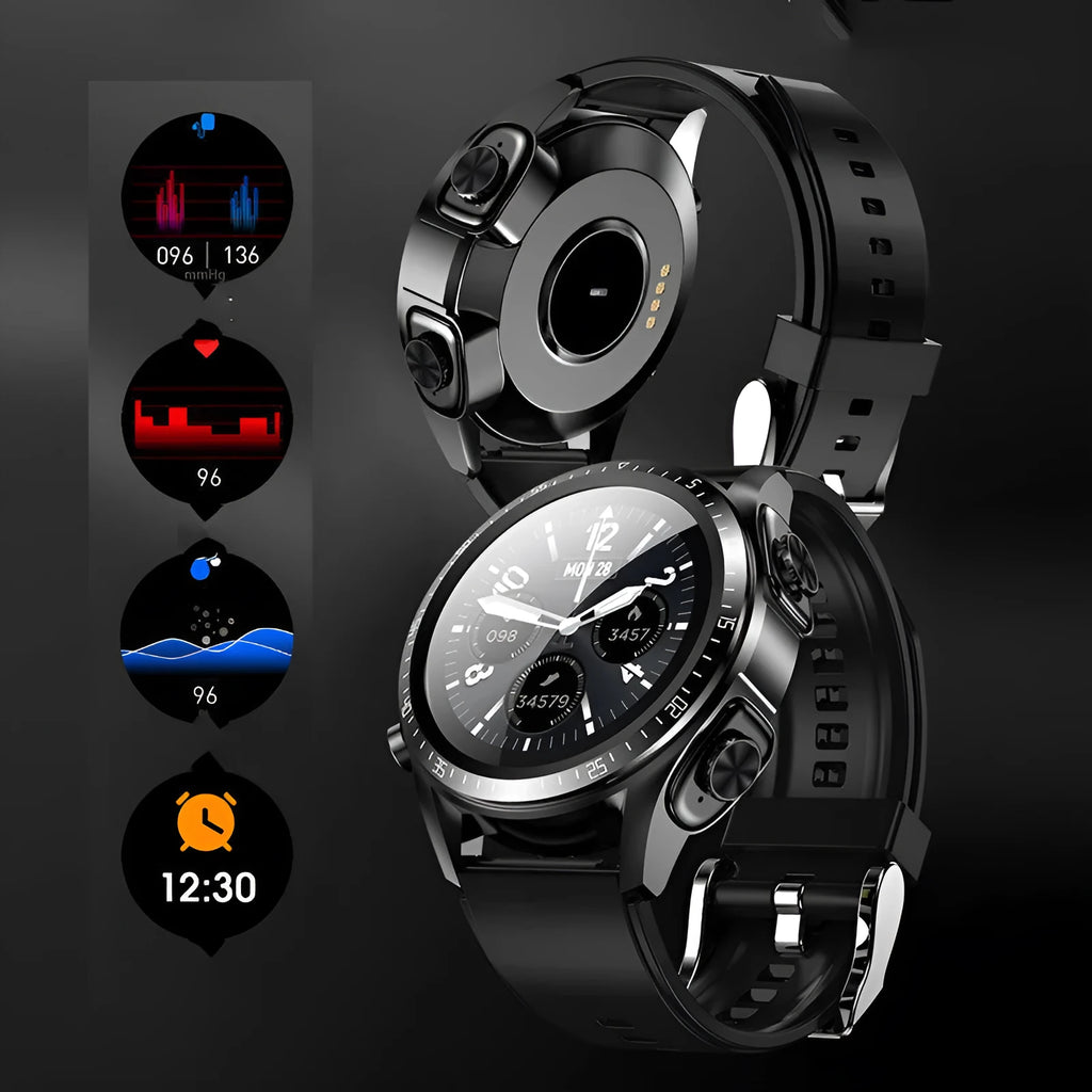 Black smartwatch with health monitoring on a silicone strap, showing a blood pressure readout on its screen.