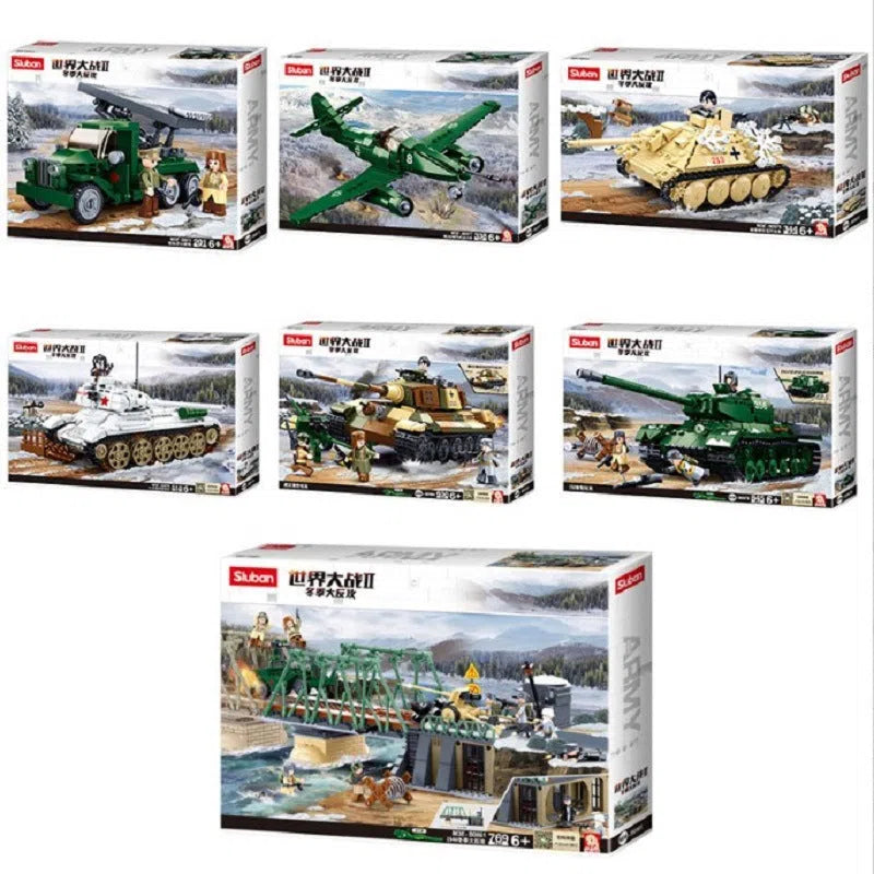 World War II tank military puzzle building block toy in plastic and rubber, Little Luban series colour variant, youth age 7-14