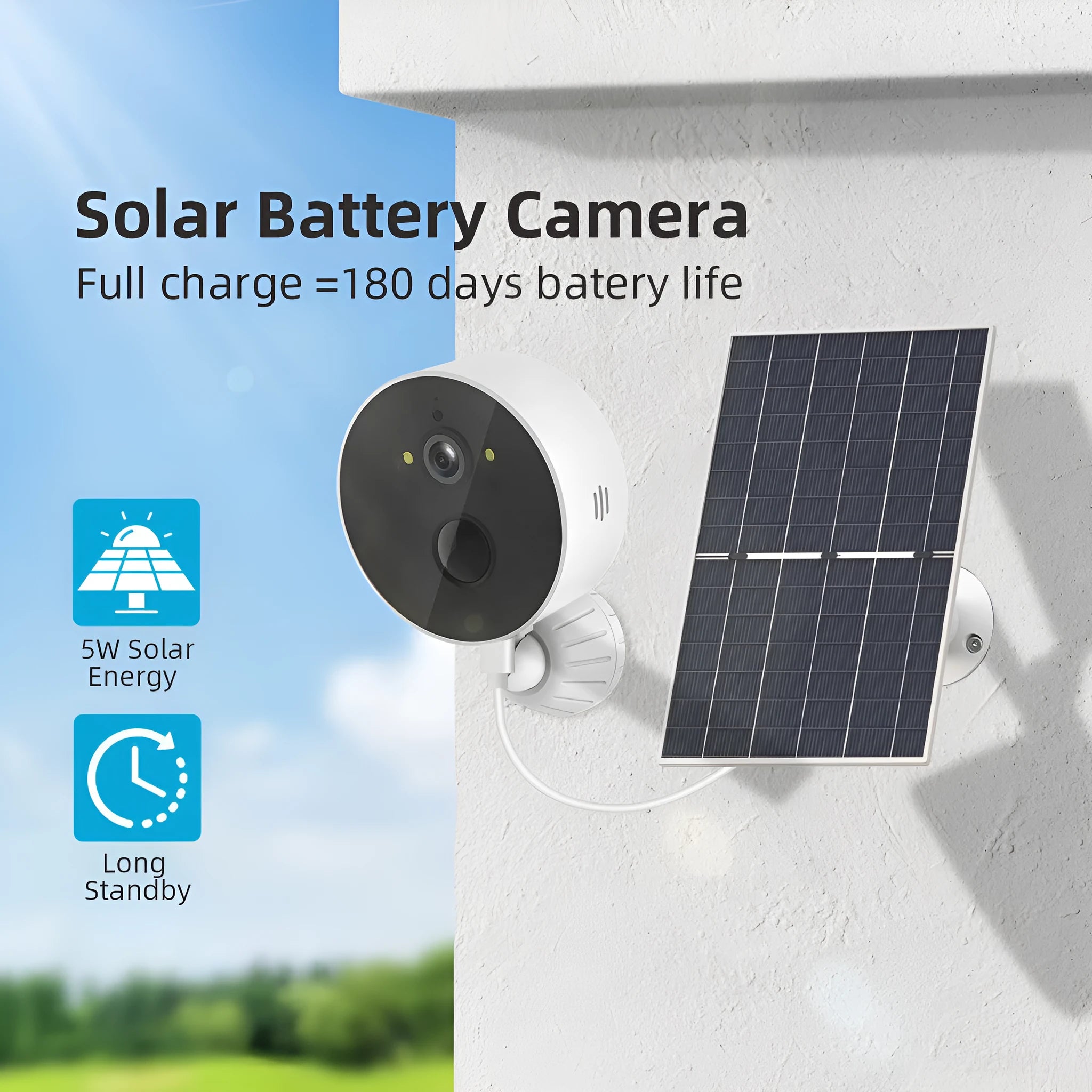 Outdoor solar-powered security camera and separate solar panel on a white background.