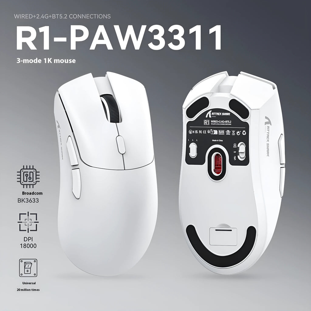 Attack Shark wireless Bluetooth mouse in black, white, or red colours on desk