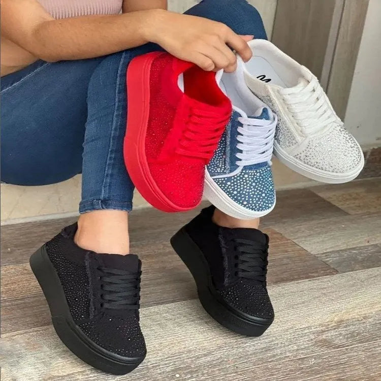 Women's lace-up casual shoes with rhinestone decoration and thick rubber soles in multiple colours