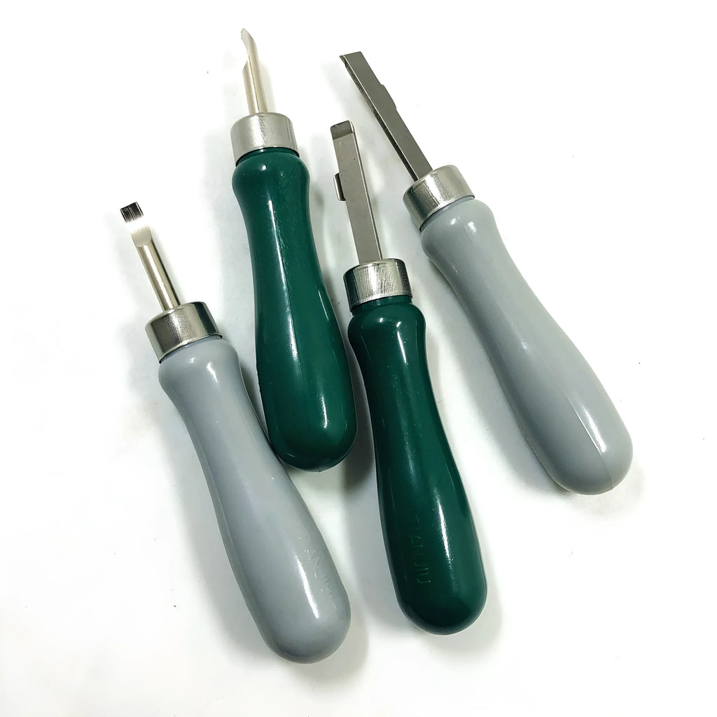 Watch back cover pry tool showing double head and elbow style options in green and grey colours