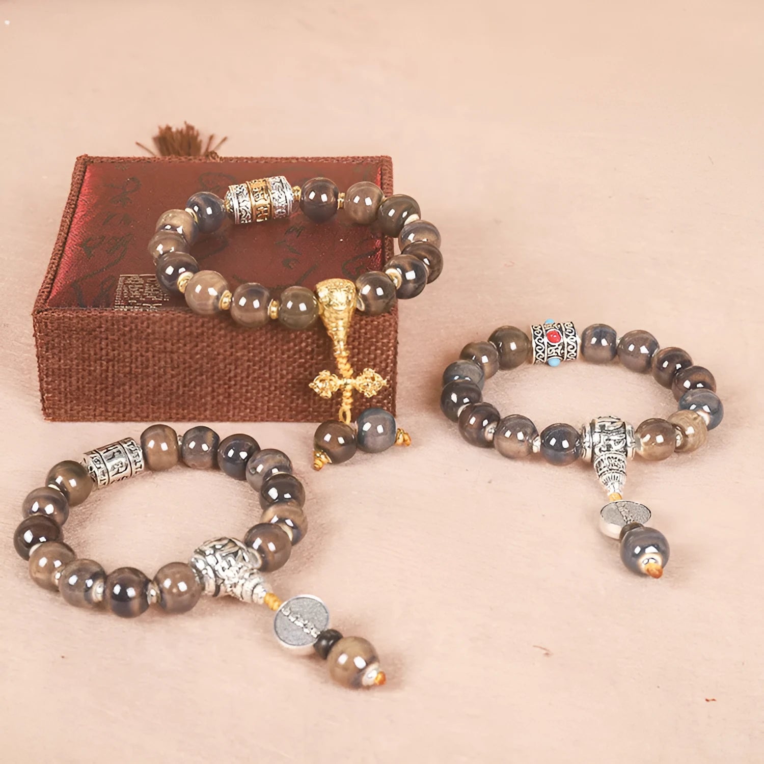Men's gradient ceramic bracelet with Yonghe Blessing beads in natural colours