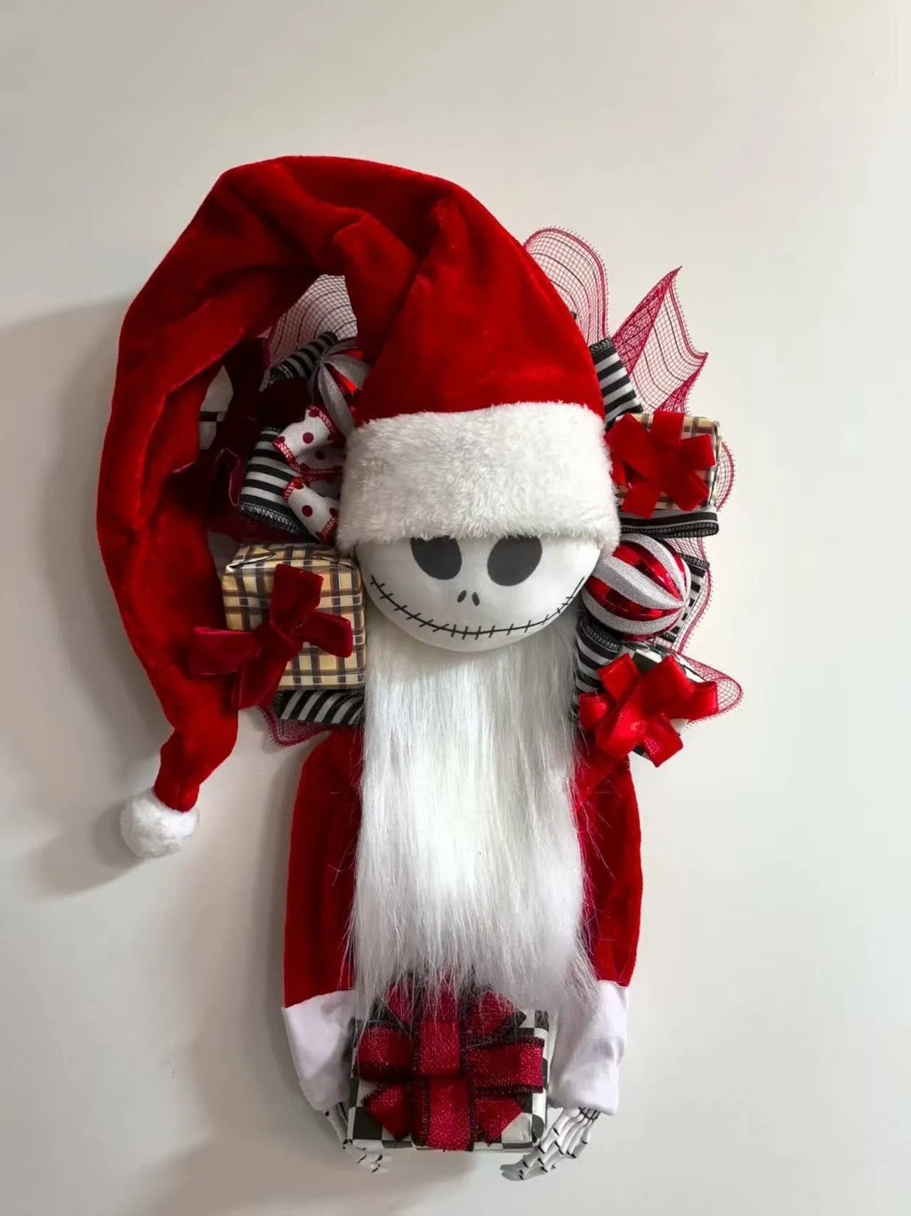 Christmas Jack doll garland in cartoon style made from wooden and cloth materials for holiday window display